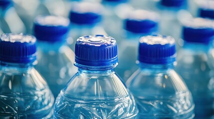 Close-up view of a collection of transparent plastic water bottles, with blue caps in focus.