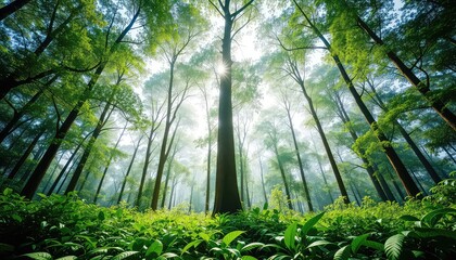 Fototapeta premium Sunlight filtering through lush trees of the forest canopy, vibrant foliage covering the ground below, a serene and healthy ecosystem.
