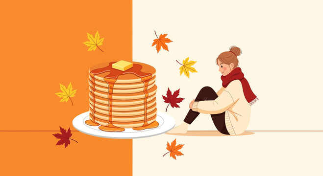 Cozy Autumn Scene Depicting Pancakes, Girl, And Falling Maple Leaves In The Season