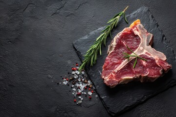 Raw aged T bone steak on a dark stone surface Overhead view Rustic aesthetic