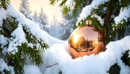 Shimmering Copper Ornament Hanging on Snowy Evergreen Tree Branch