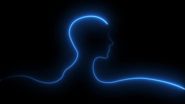 Glowing neon line Human head black background. Neon glowing question.Glowing neon line Head silhouette icon isolated on black background. human head line icon animation.Glowing neon line .4k