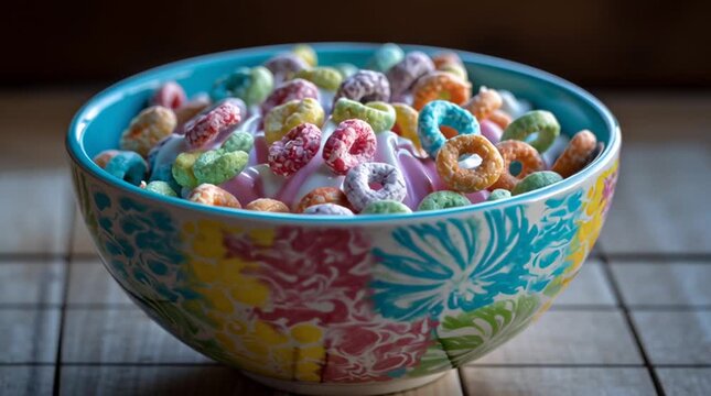 A colorful bowl filled with cereal loops and milk sitting on a wooden surface in a close up shot