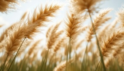 Golden grasses gently sway in a sun drenched field under a bright, clear sky, creating a dreamy, ethereal atmosphere