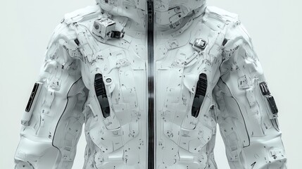 Close-up of a futuristic, white, armored jacket.  Complex, layered design.  Zippered front.  Functional detailing