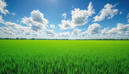 Fototapeta premium Lush green field under a bright blue sky filled with fluffy clouds, creating a vibrant and tranquil outdoor scene
