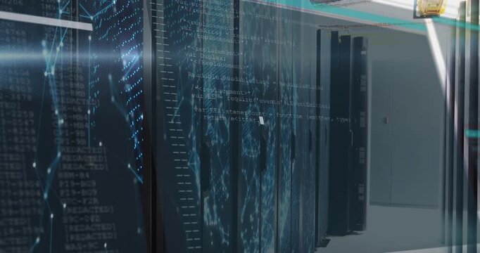 Camera panning server racks showing blue network nodes then overlaying code visualizing topology