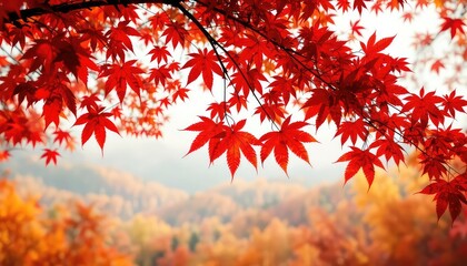 Brilliant Autumn Foliage Displaying Fiery Crimson Leaves on a Tree Branch, with Warm Hues in a Softly Blurred Background