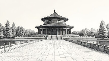 Monochromatic view of a grand, round temple