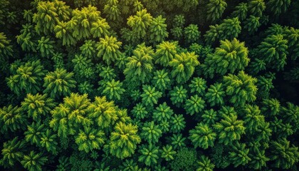 Fototapeta premium Verdant canopy A high-angle perspective showcases a thriving evergreen forest with dense, healthy trees displaying shades of green and dappled golden sunlight