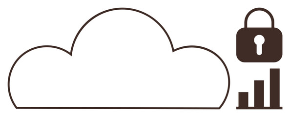 Cloud outline, padlock, and bar graph symbolize data storage, security, and analytics protection. Ideal for cybersecurity, privacy, technology cloud computing data management encryption. Simple