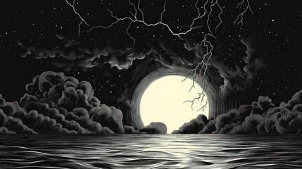 Dark night, stormy moon, vast water