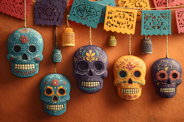 mexico day of the dead paper decorations, backgroundwith paper flags, skulls