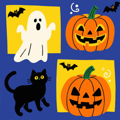 Fototapeta premium Retro and pop, simple Halloween illustration set. Cute. Simple. Halloween party. Event. Autumn. Pumpkin.