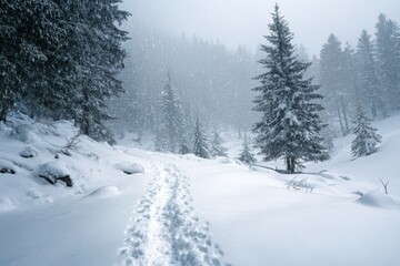 Obraz premium Snowy winter scene with a path of footprints in a fir forest during snow