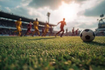 Fototapeta premium Soccer game on a field in an outdoor stadium during summer blurred background