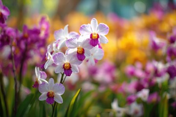 Soft blurry view of a stunning orchid garden field on vacation