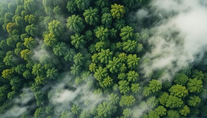 Aerial view shows a dense green forest partially obscured by light white mist, creating a calm and serene scene