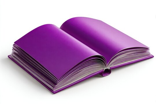 Solitary blank purple book on white backdrop