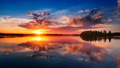 serene sunset over calm waters reflecting vibrant colors at a tranquil lakeside
