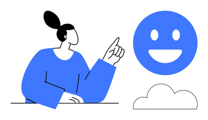 Woman pointing upward toward a large smiling face and a cloud, symbolizing happiness, cloud computing, and success. Ideal for positivity, teamwork, feedback, innovation, motivation technology