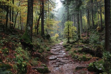Obraz premium Somber woodland route fall hiking path in the Schwarzwald