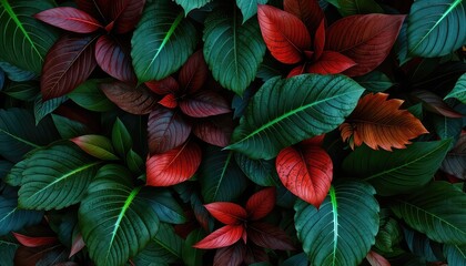 Fototapeta premium A lush and vibrant display of foliage, showing dark green leaves with accents of deep red and brown shades