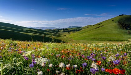 Obraz premium colorful wildflowers bloom in a lush meadow surrounded by green grass a serene landscape is visible in the background featuring rolling hills and a clear blue sky