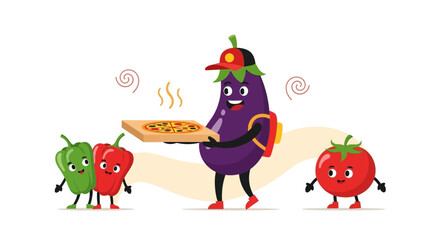 Fototapeta premium Cute Animated Vegetables Delivering Pizza Representing Food Delivery Service Illustration