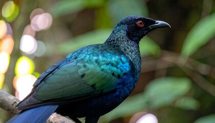 Iridescent Blue and Green Plumage of a Glossy Starling Perched on a Branch.