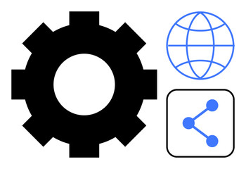 Gear icon for process and engineering, globe for global reach, network for connectivity. Ideal for innovation, technology, workflow, collaboration, globalization, integration simple landing page