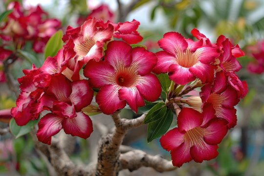 Stunning red adenium and bignonia flowers in Thailand