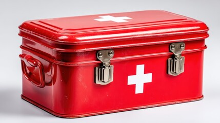 Red first aid kit with white cross