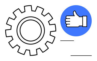 Simplified gear icon next to a thumbs-up symbol in a blue circle, symbolizing productivity, quality, and approval. Ideal for business, teamwork, management, process improvement, feedback success