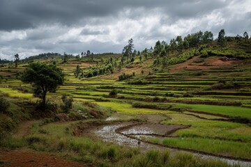 Naklejka premium Terraced rice field in the Malagasy mountains