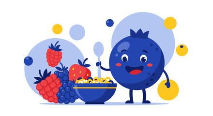 Delightful Blueberry Character Presenting Colorful Fruits and Nourishing Breakfast Options