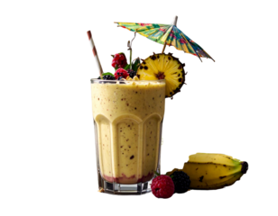 Cartoon Tropical Banana Smoothie with Umbrella and Fruit Decoration, isolated