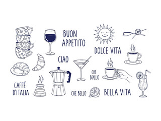Italian Delights: A collection of charming hand-drawn illustrations celebrating the essence of Italian cuisine and culture, including coffee cups, wine glasses, and cheerful phrases. 