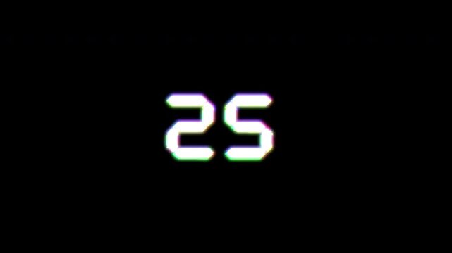 futuristic 30 seconds countdown glitch animation on black background. 