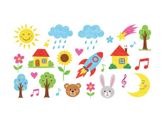 Playful Universe: Colorful illustrated elements create a delightful kids illustration scene. with houses, flowers, sun, bear, rocket, tree, cloud, moon and cute animals