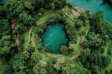Aerial view of a circular, turquoise pool surrounded by lush green vegetation and a stone perimeter