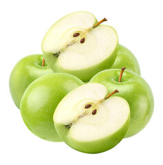 fresh sliced and whole green apples on transparent background