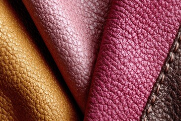 Close-up of three textured leather swatches in gold, pink, and burgundy hues