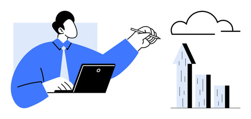 Person seated at desk using laptop, pointing toward data chart and cloud. Ideal for innovation, productivity, cloud technology, growth strategy, analytics, remote work, simple landing page