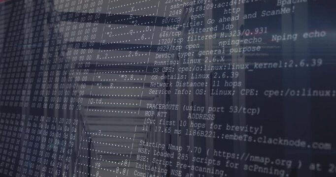 Camera panning through server aisle showing faint overlay scrolling network scan results for audit