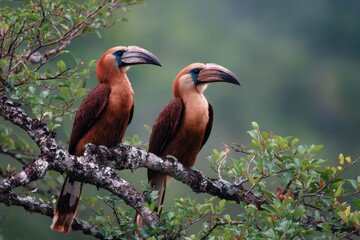 Obraz premium Tickell s brown hornbills perched on a tree in the wild