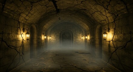Fototapeta premium Old cemetery crypt with cracked stone walls