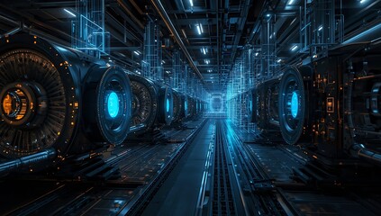 Fototapeta premium A sleek, futuristic server room or data center, with rows of glowing blue and orange machines stretching into the distance.