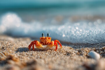 Tiny adorable crab on the shore by the sea