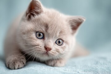 Tiny lilac British cat against a pale blue backdrop